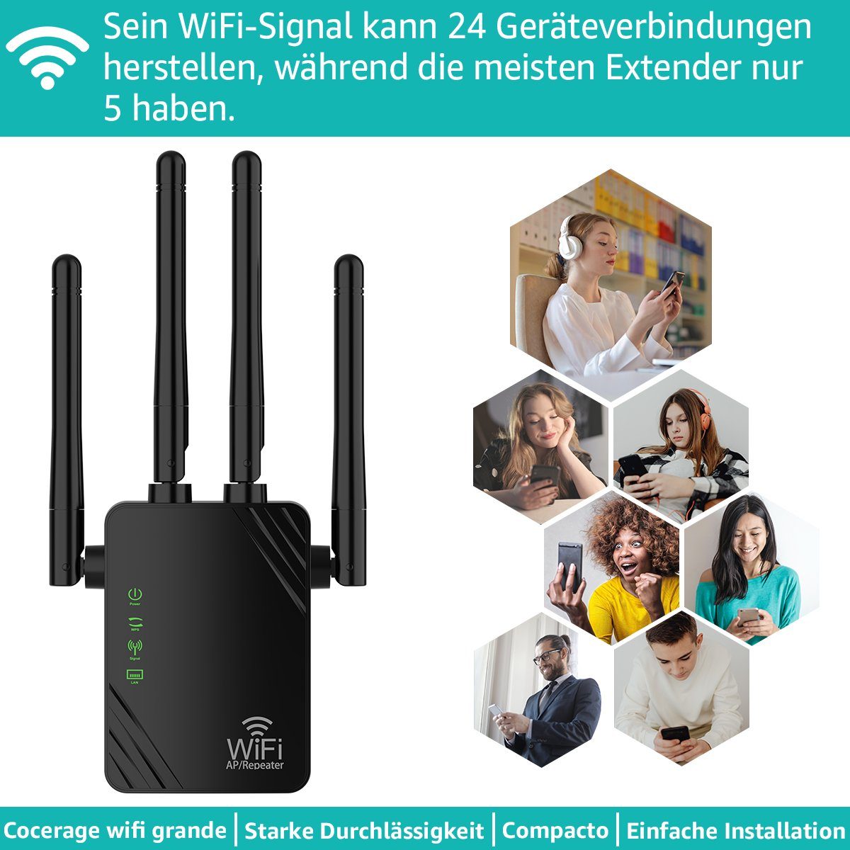 MOOHO WLAN Repeater WiFi Verstärker 1200Mbit/s 5GHz & 2.4GHz Dual-Band WLAN-Repeater, WLAN-Repeater