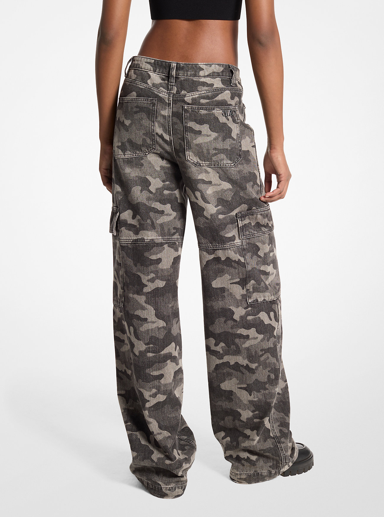 Camouflage Denim Wide-Leg Cargo Pants - CHARCOAL