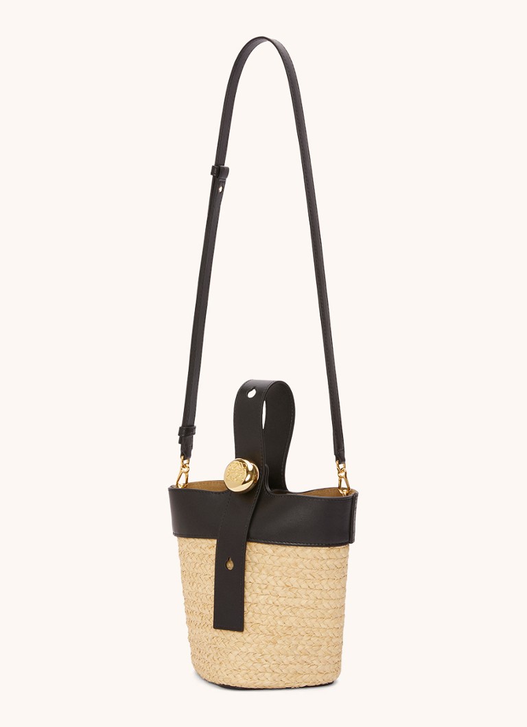 Geantă de umăr LOEWE Pebble Bucket Mini din rafie cu detalii din piele de vițel