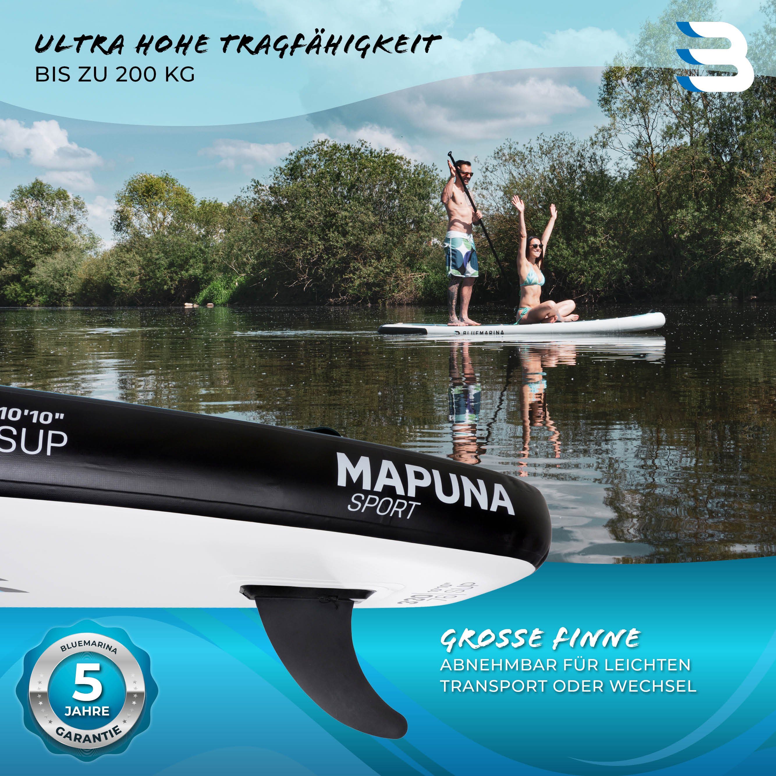Bluemarina SUP-Board Aufblasbares Bluemarina SUP Board Mapuna inkl. 5 J. Garantie, Stand Up Paddle Board, (15 cm dick, 3 PVC Schichten, max 200 kg), Paddling board, Paddelboard, Surfboard, (100% Polyester -, 3 tlg., bis 200 kg - Double Layer - Kickpa