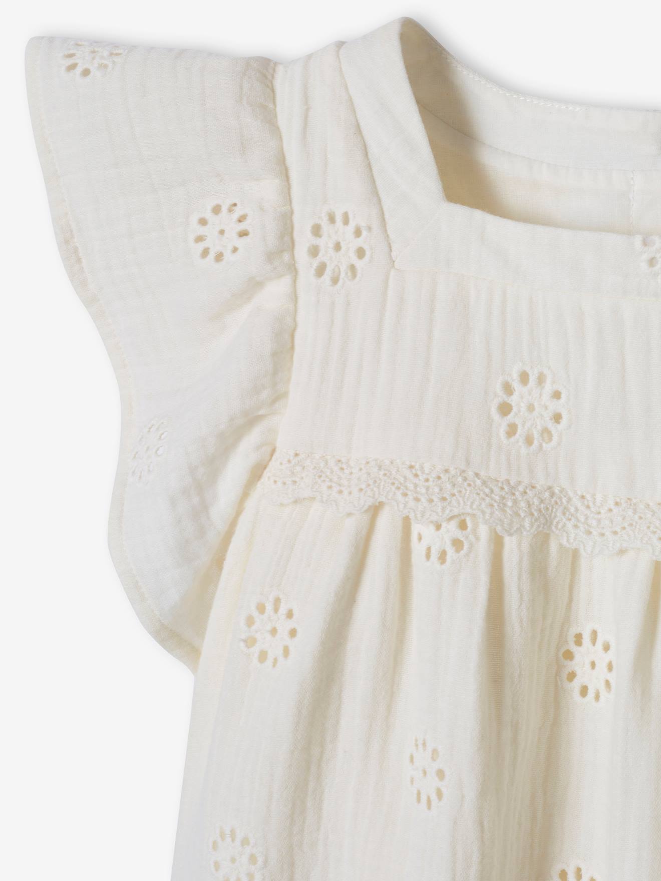 Blouse en gaze de coton brodée fleurs fille mauve