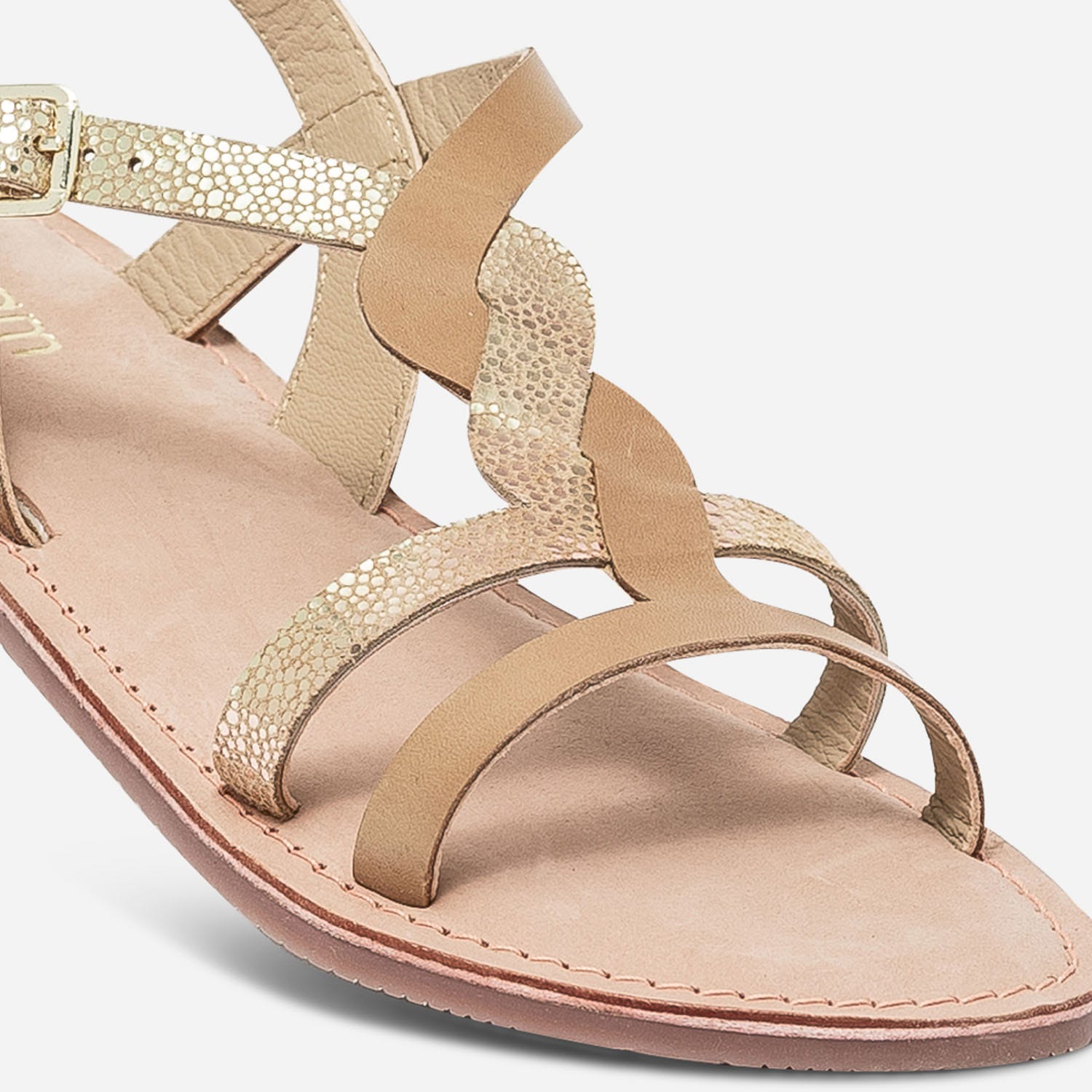 Sandale camel en cuir lisse et imprimé