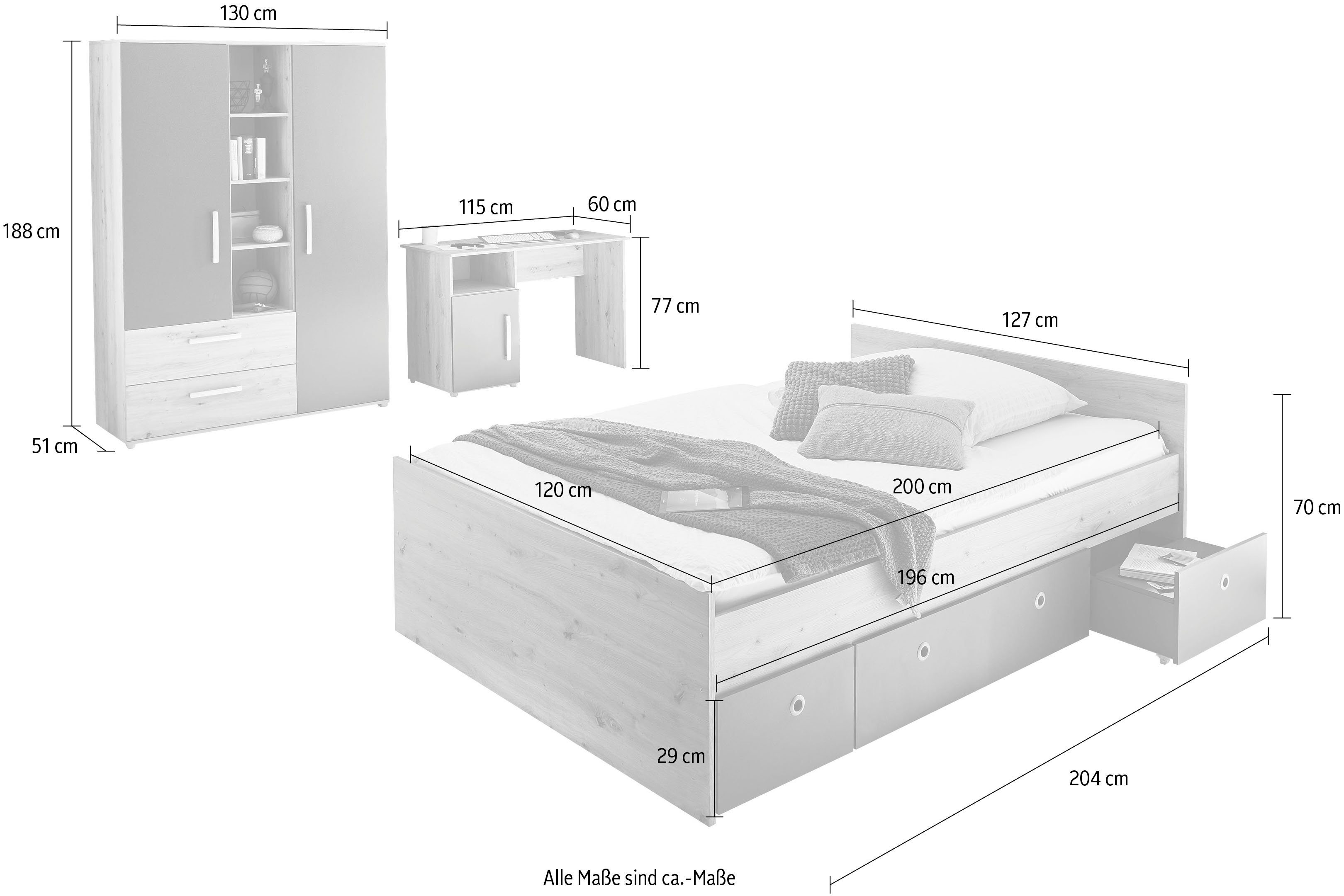 arthur berndt Jugendzimmer-Set Alessio, (Set, 4-St., Kleiderschrank mit Schubfächern, Regalelement, geräumiger Auszug), mit Melamin-Oberfläche