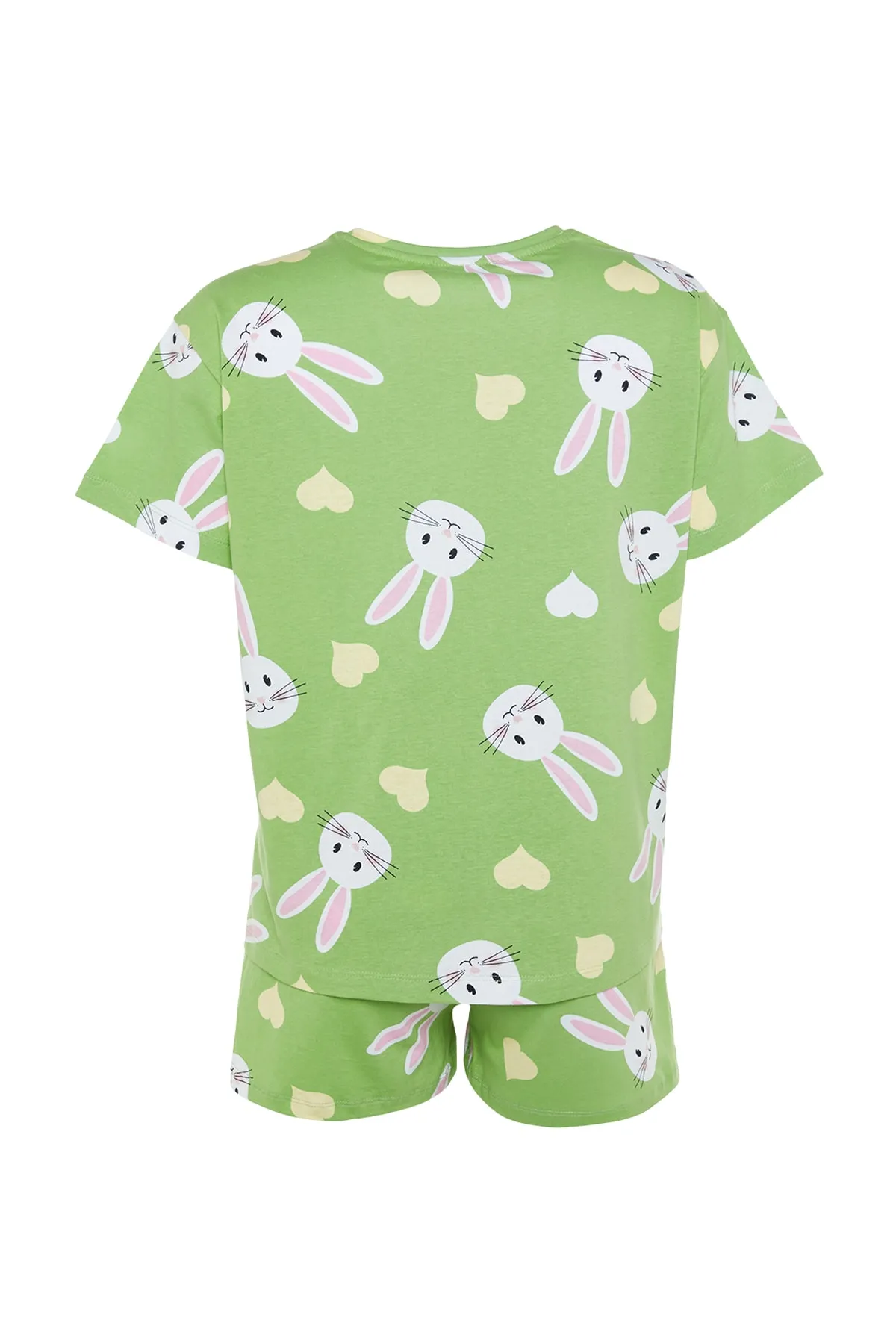 Trendyol Collection  Grünes Strickpyjama-Set mit T-Shirt und Shorts aus 100 % Baumwolle mit Herz-Hasen-Muster THMSS23PT00005