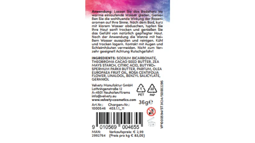 velvety Badeherz Rosengarten mit Rosenduft 36 g