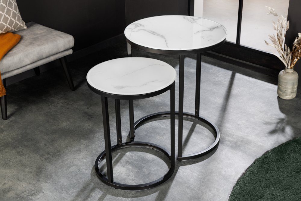 riess-ambiente Beistelltisch ELEGANCE 50cm weiß / schwarz (Set, 2-St), Wohnzimmer · Kristallglas · Metall · rund · Marmor-Dekor · Barock