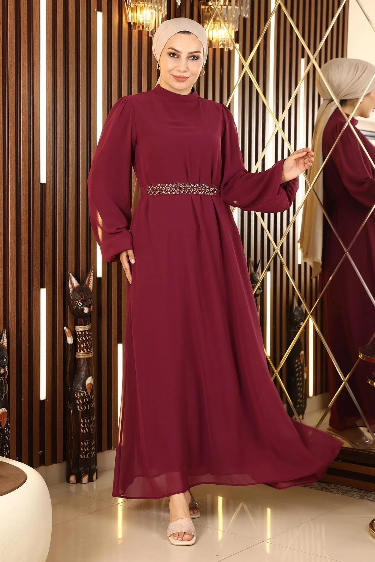 Modamihram  Chiffon-Abendkleid mit Gürteldetail Pflaume 13304