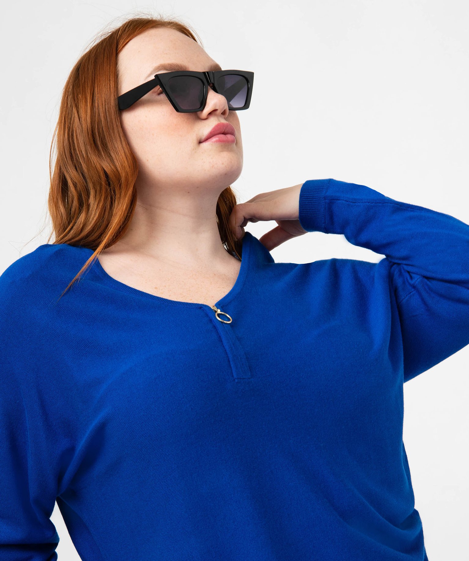 Pull fin avec col V zippé femme grande taille bleu | GEMO