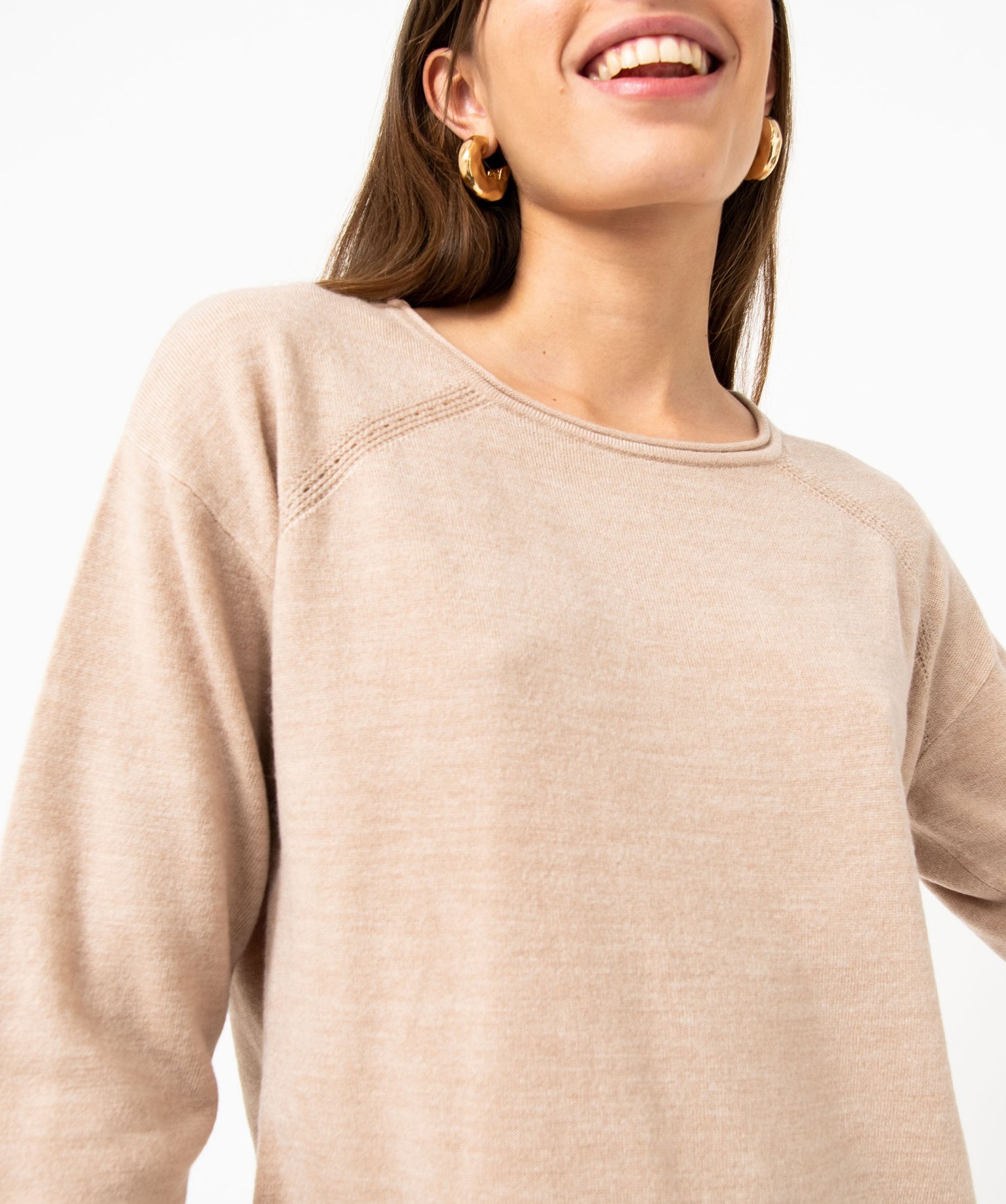 Pull à col rond finitions roulottées femme beige | GEMO