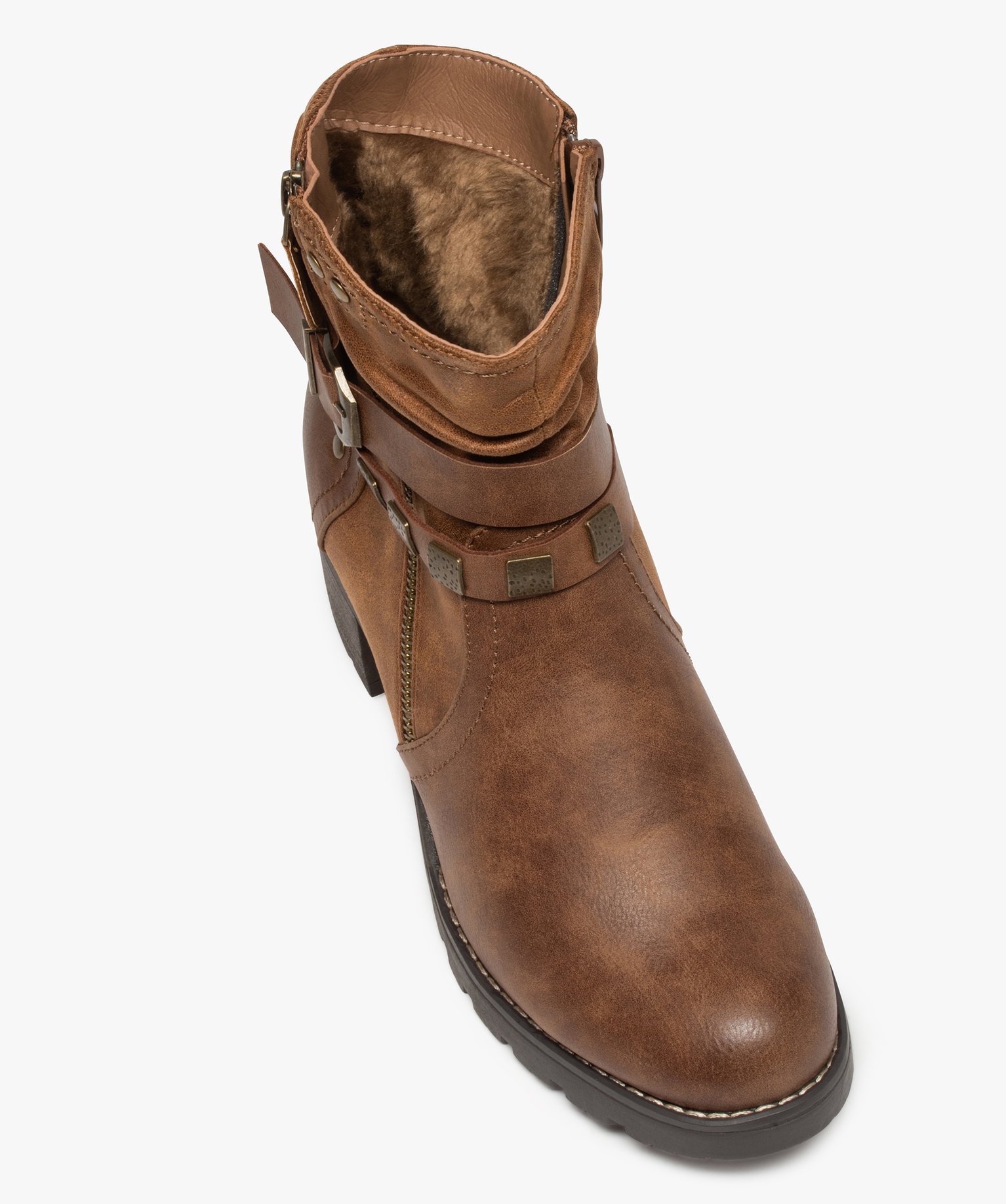 Boots femme zippées à talon carré et semelle crantée camel | GEMO