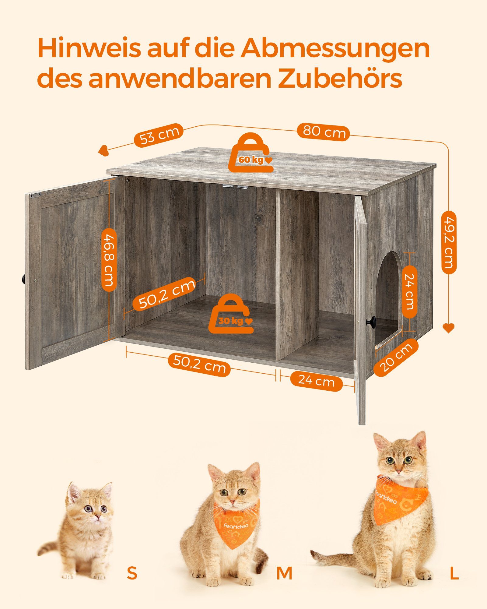 FEANDREA Katzentoilette, 80 x 53 x 49,2 cm, mit herausnehmbarem Trennwand