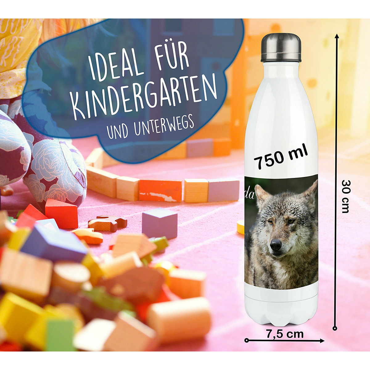 Edelstahl Kinder Thermoflasche / Trinkflasche bunt Wolf Spülmaschinenfest, Auslaufsicher, Bruchfest, Doppelwandig, Für Heißgetränke geeignet, Mit Deckel, Isoliert