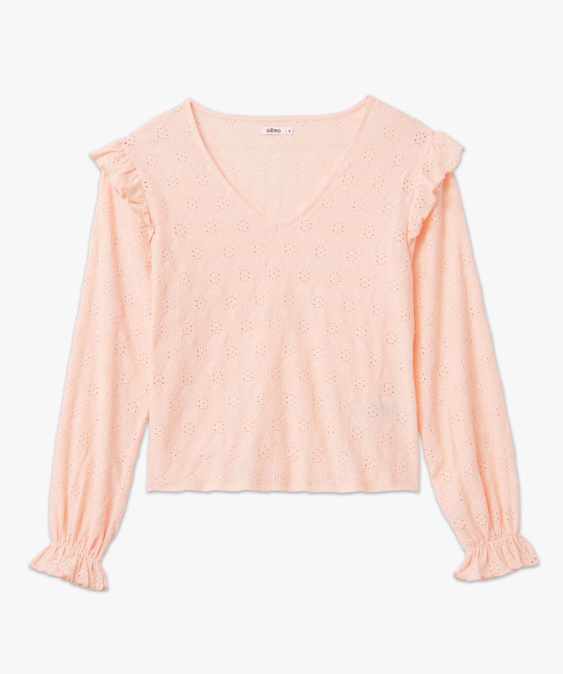 Tee-shirt femme à manches longues en maille ajourée rose | GEMO