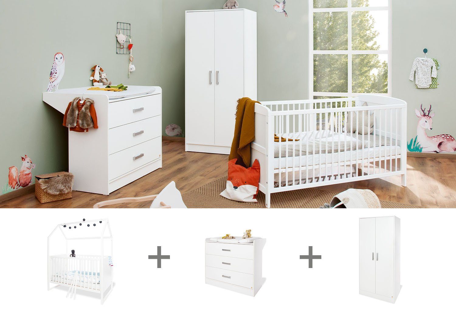 Pinolino® Babyzimmer-Komplettset Hilda & Viktoria, (Spar-Set, 3-St., Hausbett, Schrank, Wickelkommode), breit; mit Hausbett, 2trg. Schrank & Wickelkommode; Made in Europe