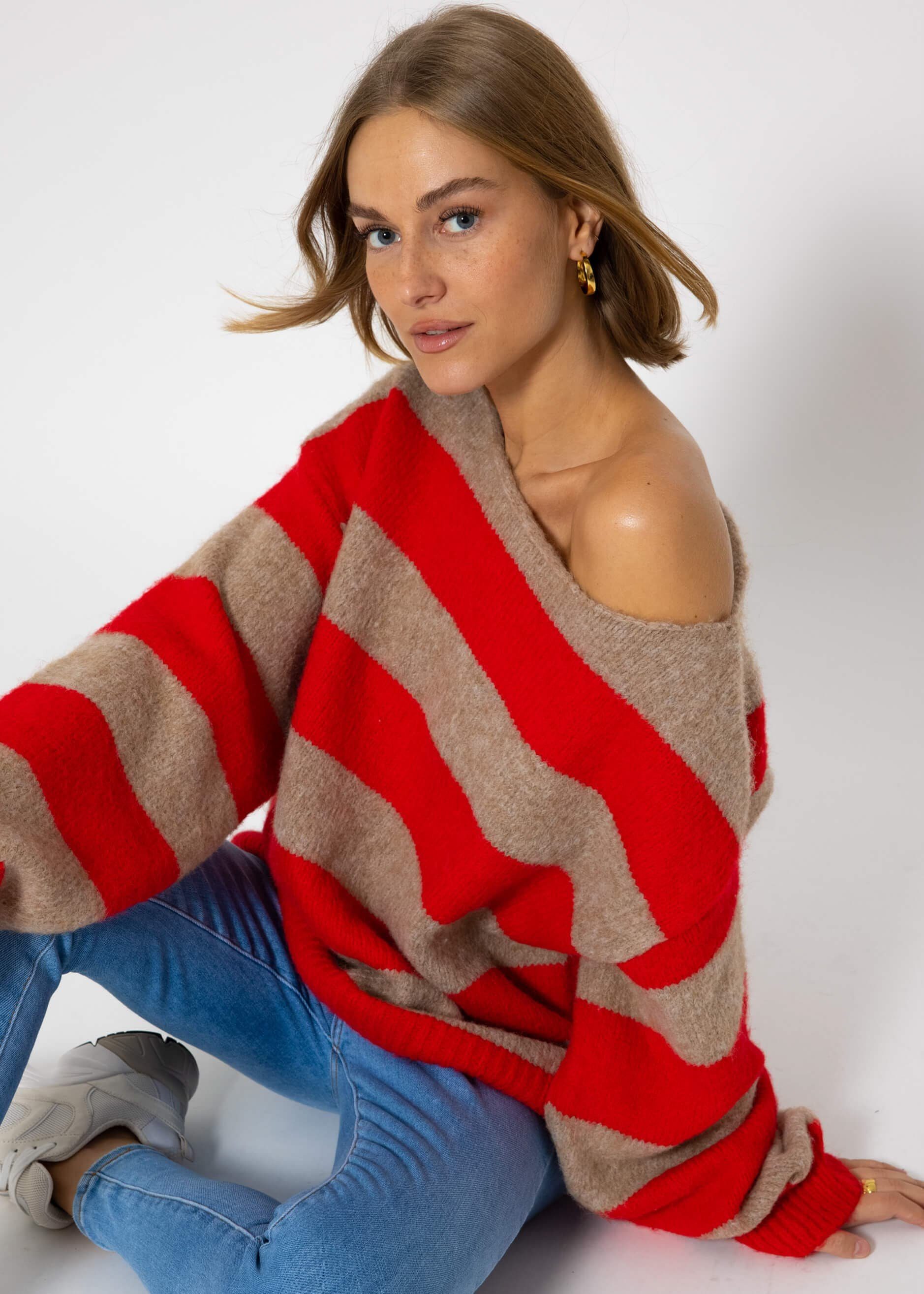 SASSYCLASSY Strickpullover Oversize Pullover Damen aus weichem Feinstrick Lässiger Strickpullover lang mit weitem Rundhalsausschnitt