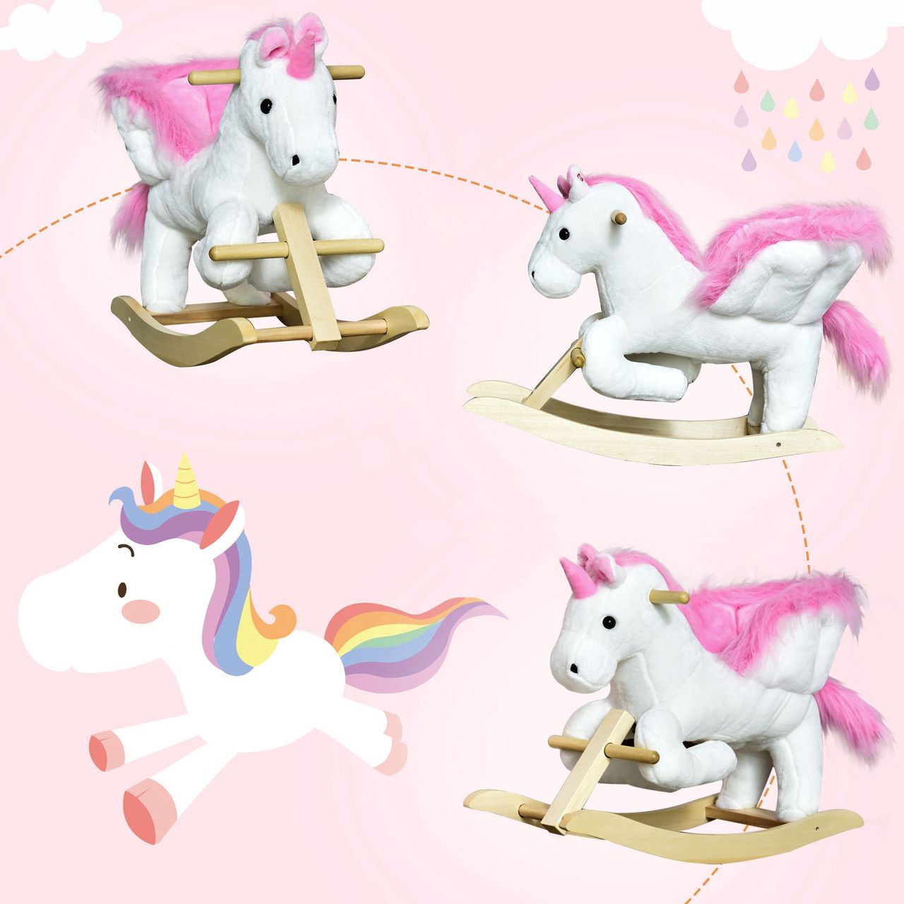 HOMCOM Schaukeltier Schaukelpferd Kinder Schaukel magisches Einhorn-Design mit Musik für Kinder für 18-36 Monate Baby Plüsch Holz Stahl Rosa Weiß 65 x 32 x 55 cm