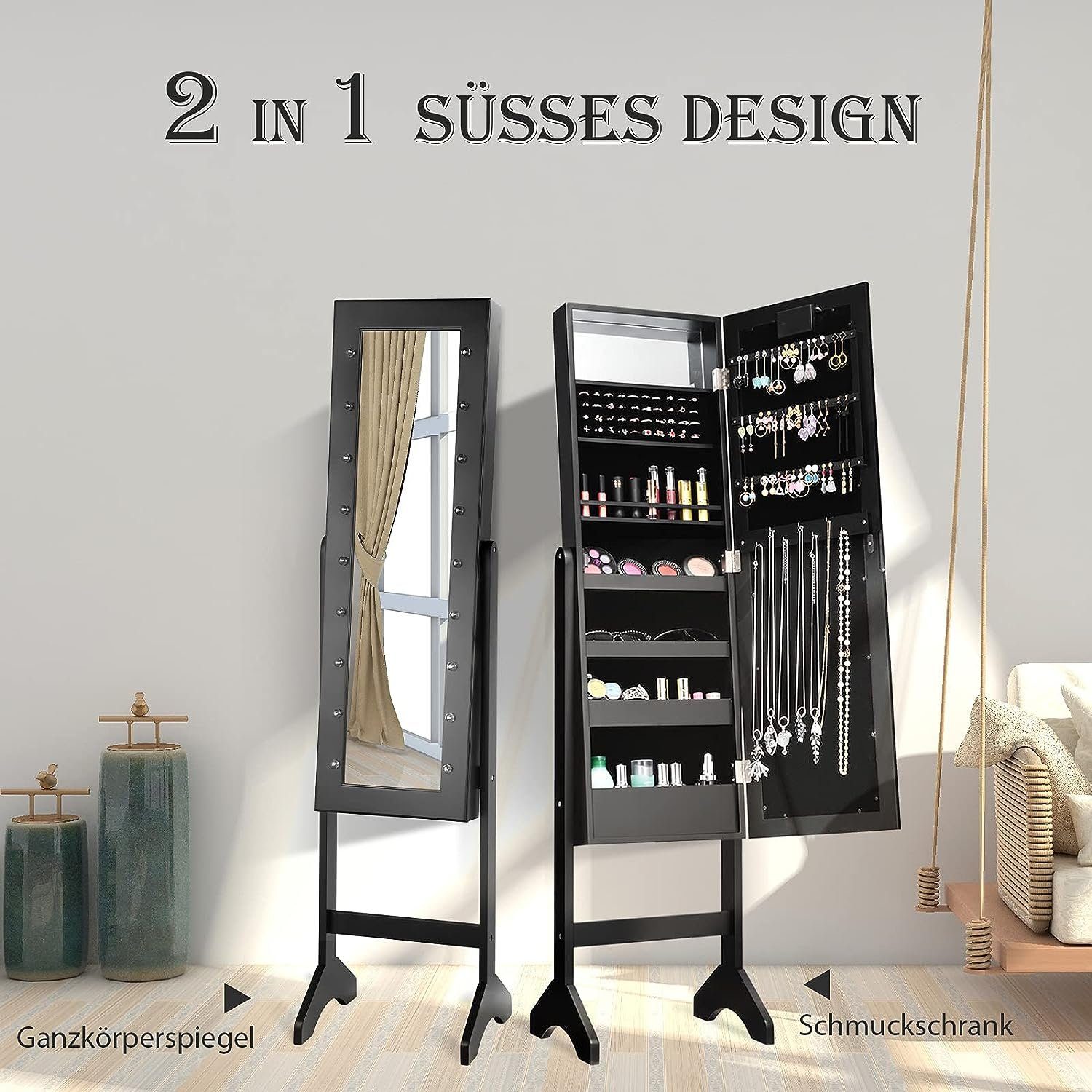 KOMFOTTEU Schmuckschrank mit 2 Spiegel stehend, mit LED, schwarz