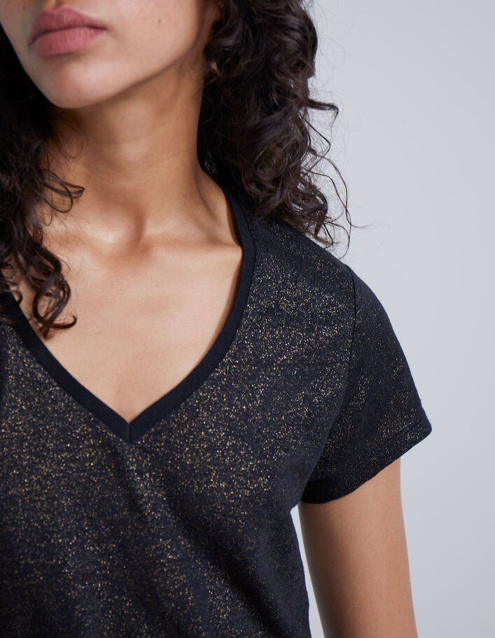 Tee-shirt col V noir en lin foil femme