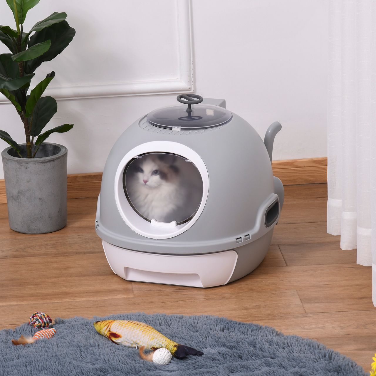 PawHut Katzentoilette mit Dachfenster, Katzenklo mit Bodenschale, mit Schaufel, Tragbar, PP ABS, Grau, 47 x 55 x 44 cm
