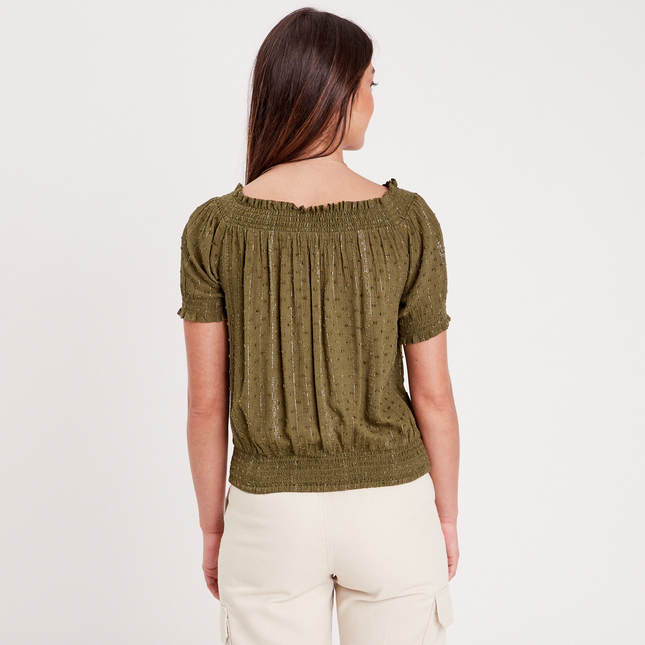 Blouse manches courtes à col bardot vert foncé femme | Cache Cache