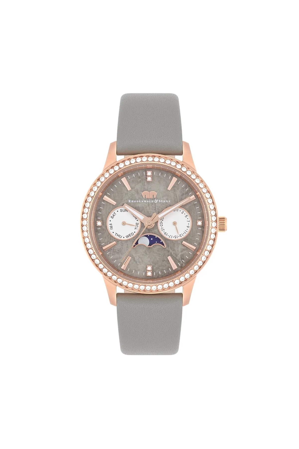 Rhodenwald & Söhne  Multifunktions Damen Multifunktionsuhr roségold Echtleder grau