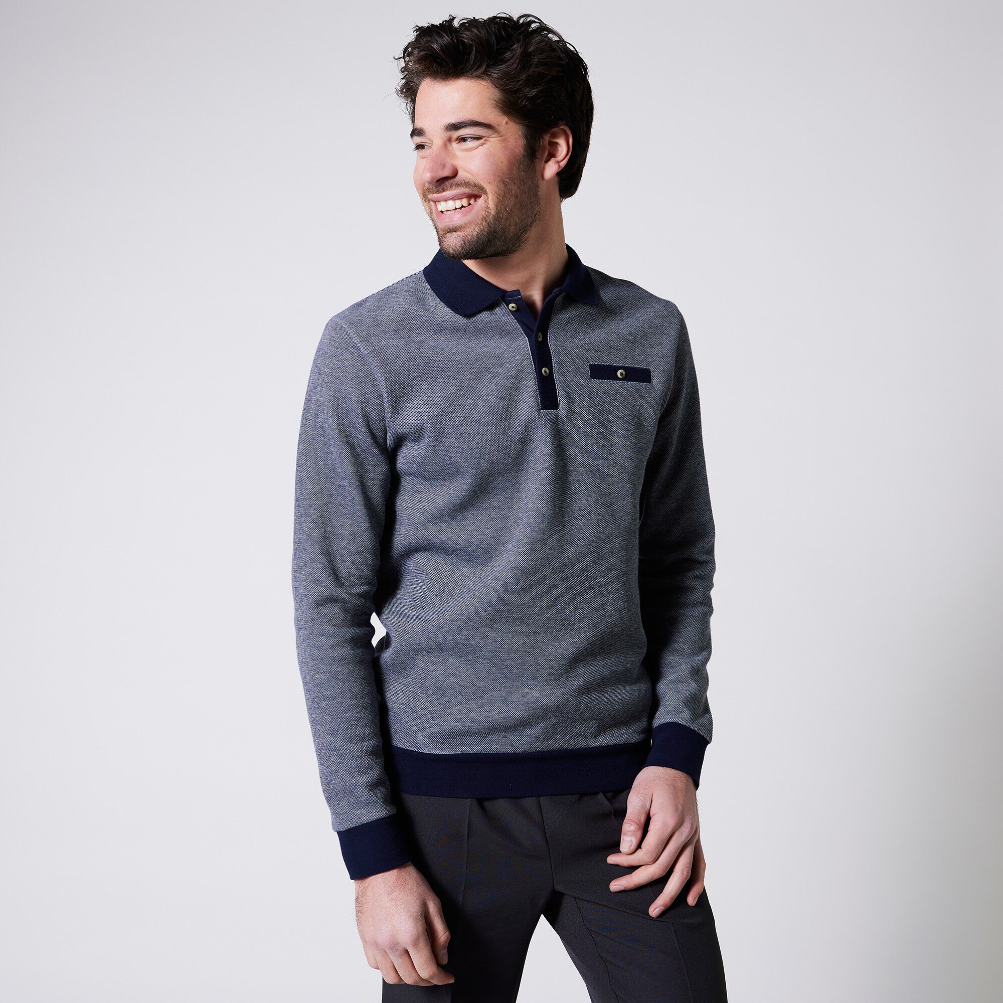 Polo bicolore maille chaude, manches longues