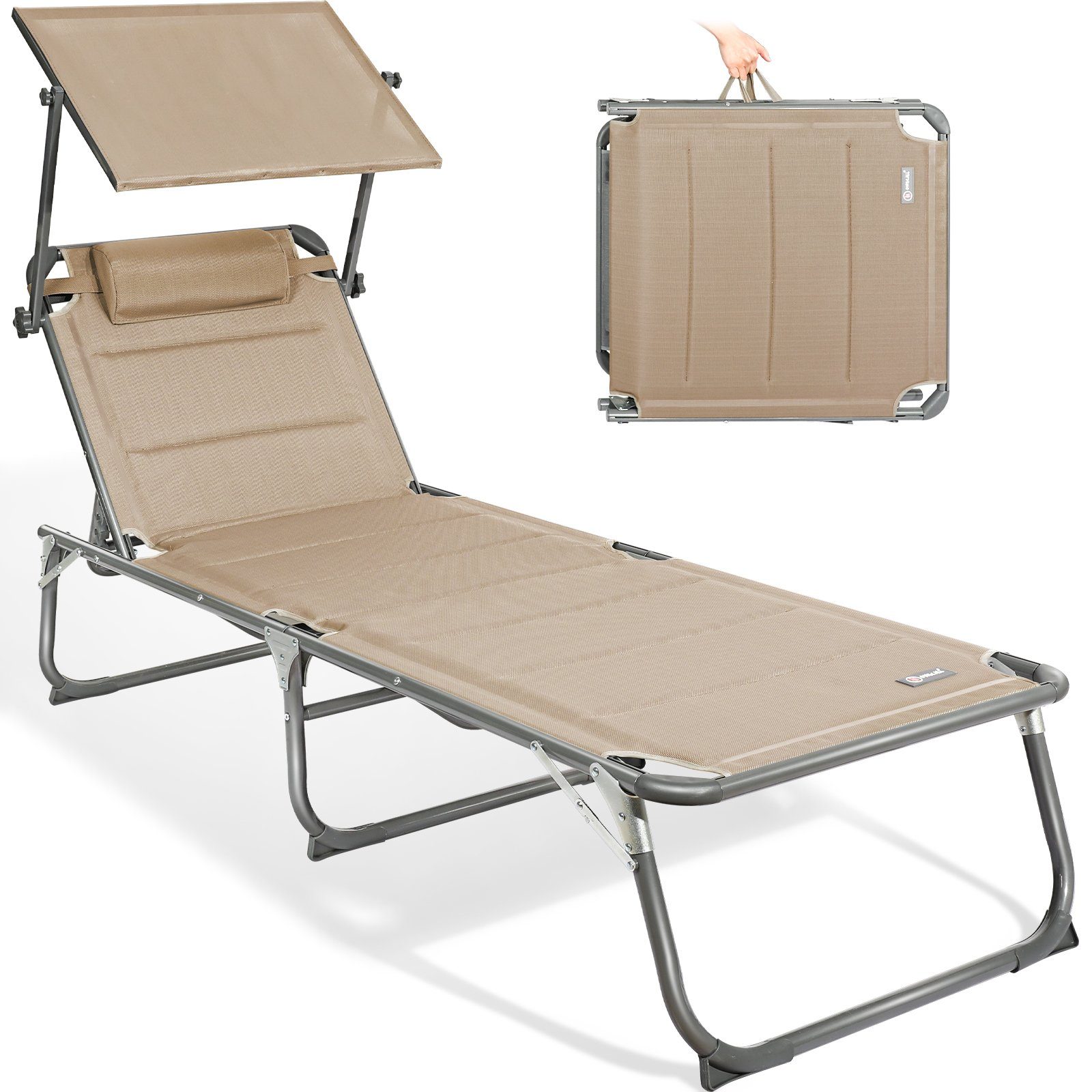 HOMECALL Gartenliege Sonnenliege AluLiege Liegestuhl Strandliege, klappbar, Textilene Mit Dickem Schwamm, Verstellbare Rückenlehne, Sonnenblende, Kopfpolster, bis 150KG
