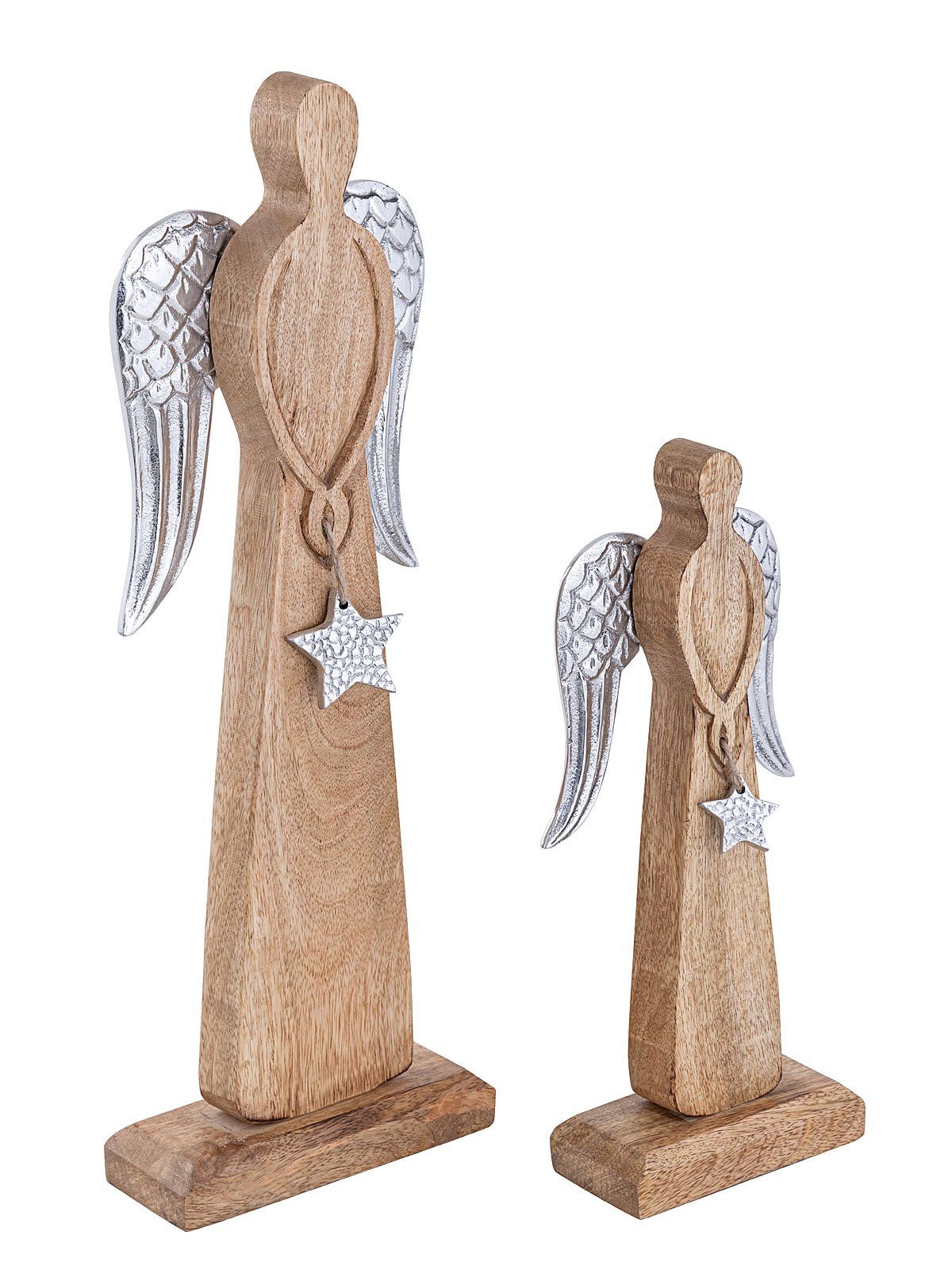 Casamia Dekofigur Dekofigur Engel 2er Set 12/16x32/47cm Weihnachten Mangoholz Aluminium