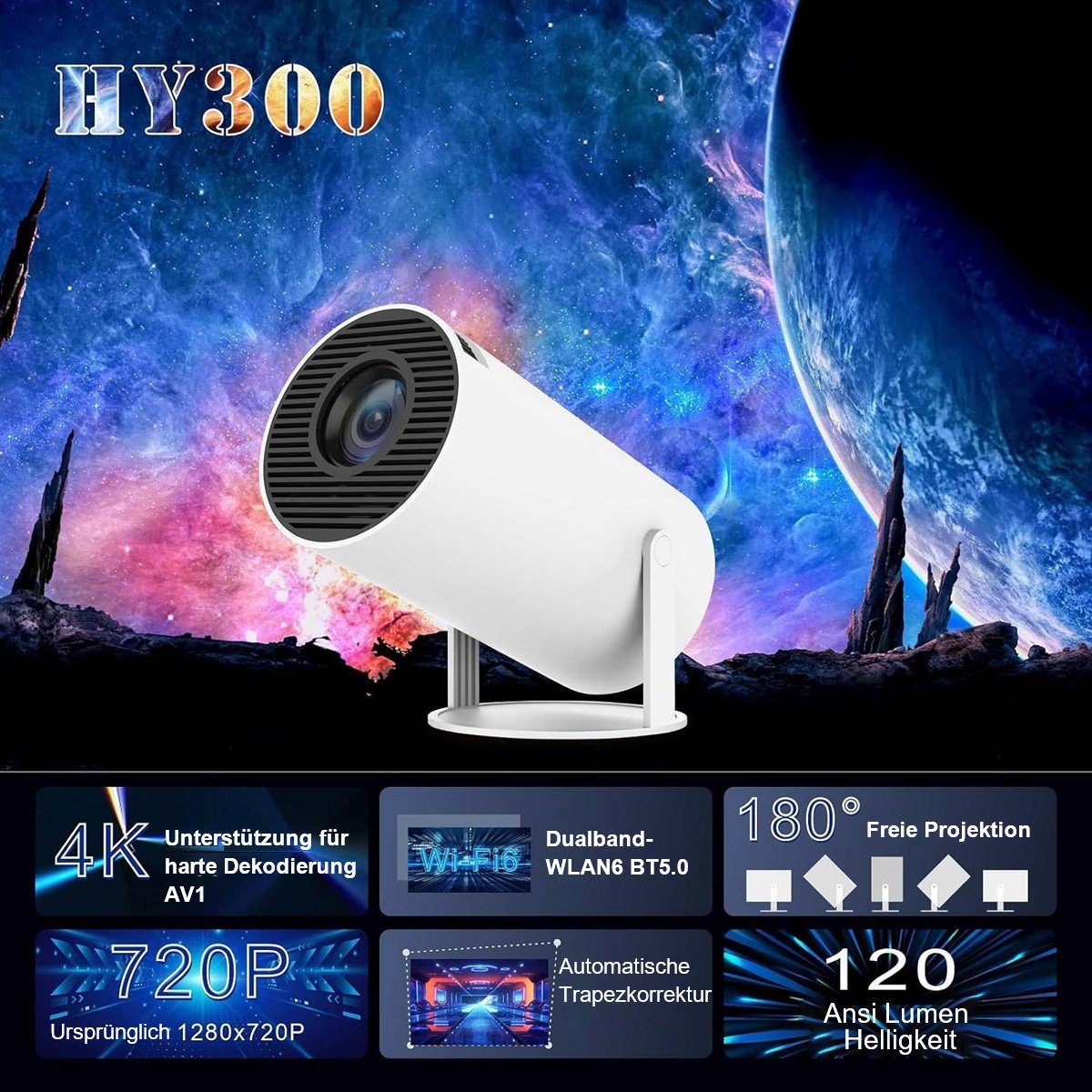 Yoyaxi 4K HD Mini-Projektor für Wände und Decken,automatische Trapezkorrektur Beamer (120 ANSI Smart WiFi 2.4G/5G Android 11.0 Projektor)