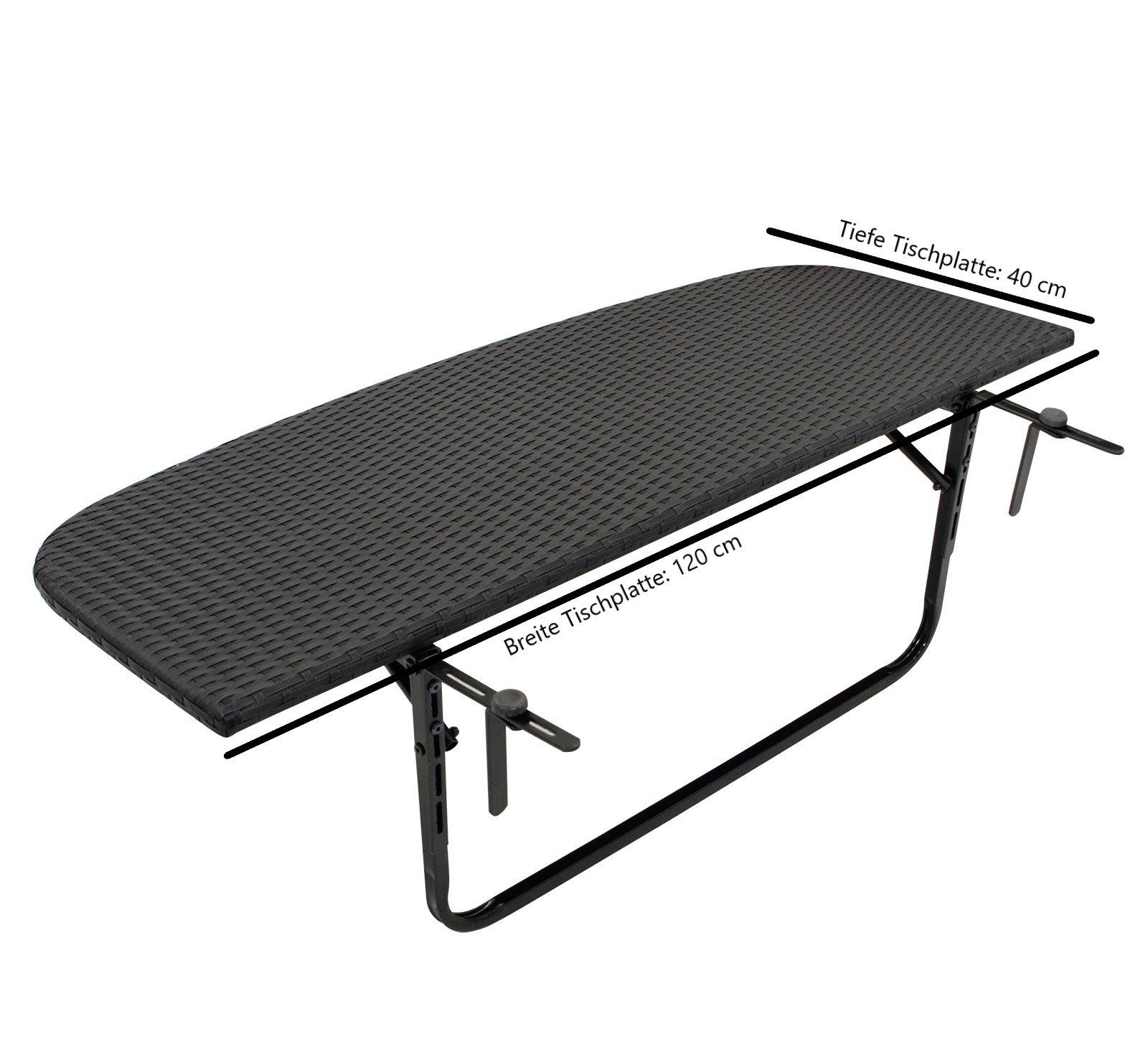 DEGAMO Balkonhängetisch SEVILLA (1-St), 120x40cm, Metall + Polyrattan schwarz, klappbar