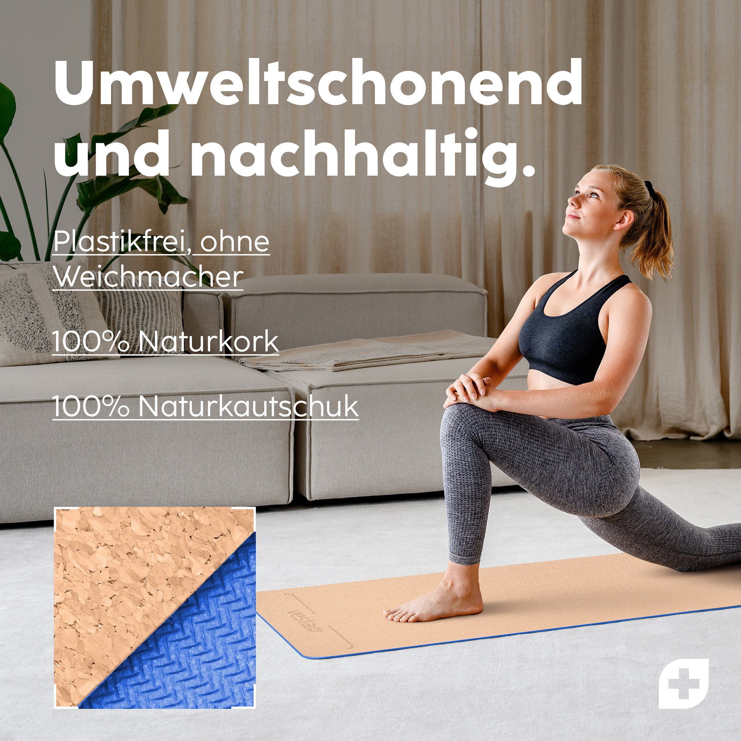 Vesta+ Yogamatte Vesta+ Yogamatte Kork Naturkautschuk + Fitness App. (1x Yogamatte Kork Naturkautschuk, 1x Fitness App Zugang), Bester Halt dank rutschfestem Kork und Naturkautschuk.