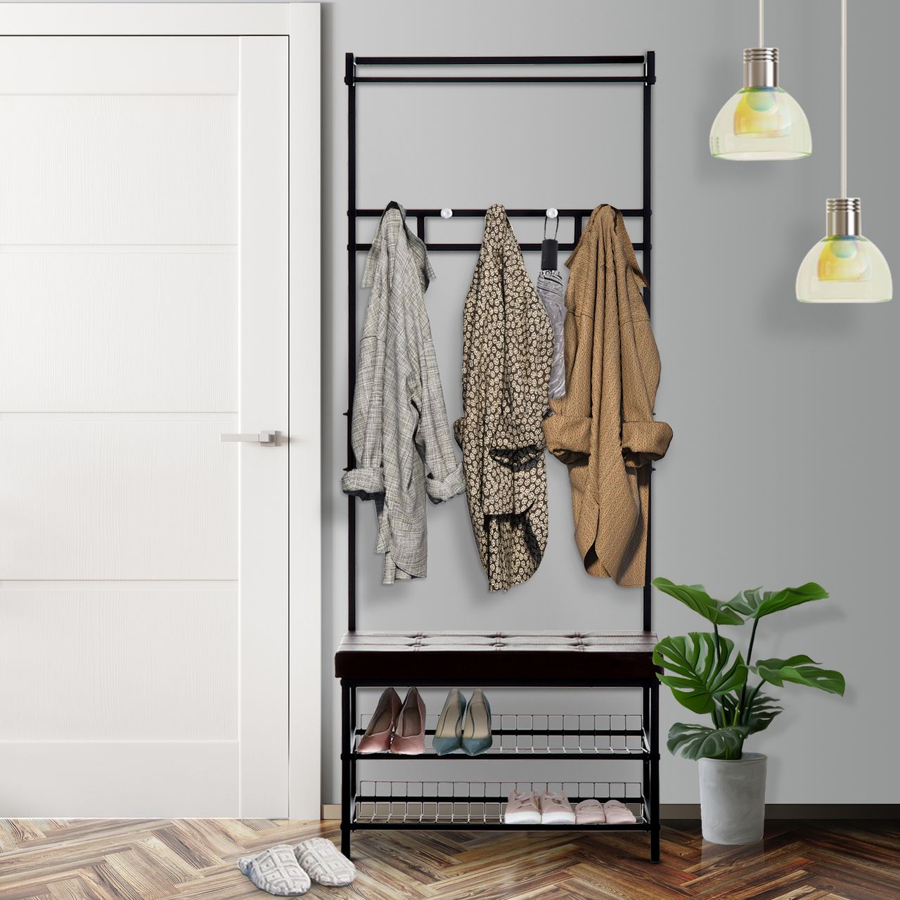 HOMCOM Garderobenständer Garderobenbank Kleiderständer Garderobe mit Sitzfläche und 2 Schuhablagen, Metall, 72,5x35x180cm