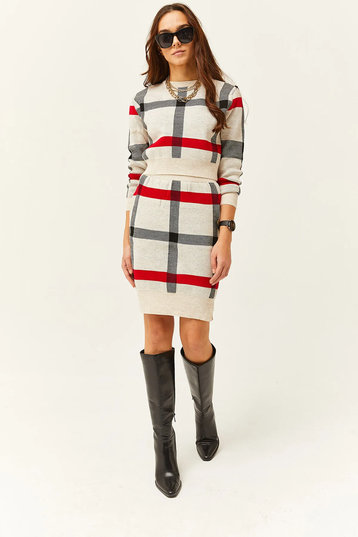 Olalook  Damen-Anzug mit Steinoberteil, bauchfreiem Pullover und Schlitzrock TKM-19000184