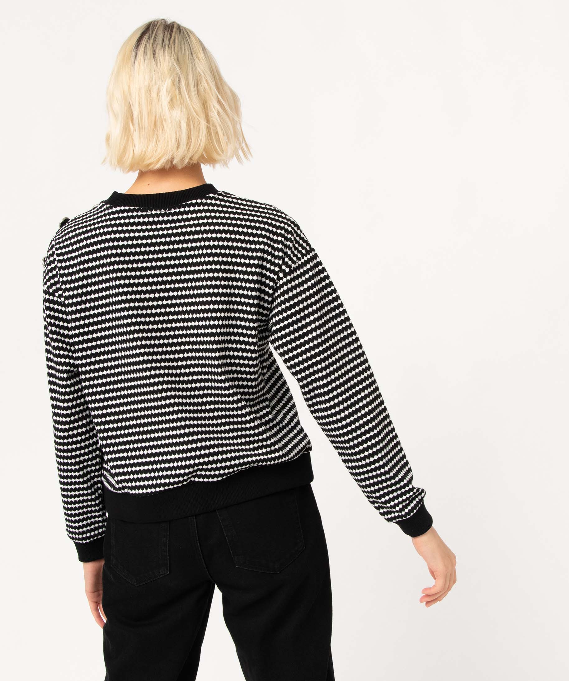 Sweat femme à motifs graphiques avec boutons sur l’épaule noir | GEMO