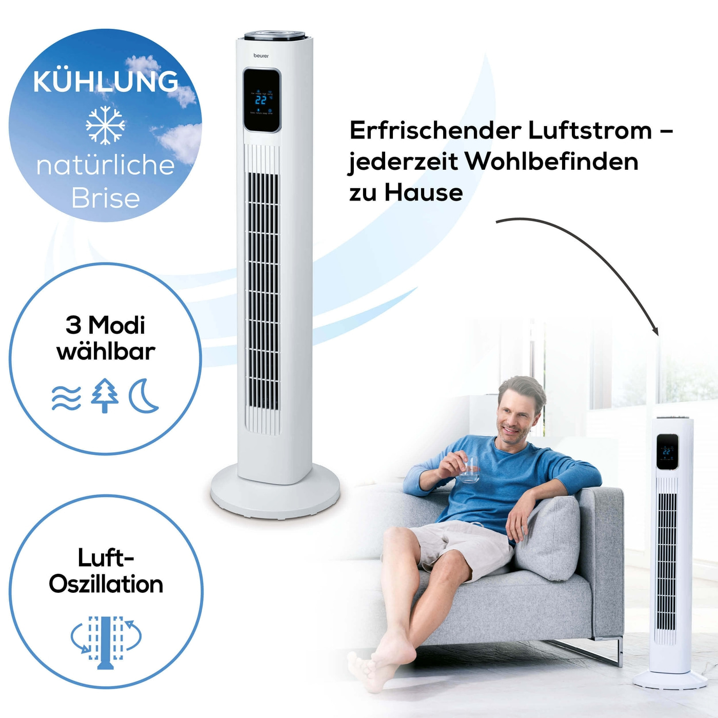 Beurer LV 200 Turmventilator-3 Lüfterstufen Ventilator mit Temperaturanzeige, Fernbedienung & 2,5 m Kabel