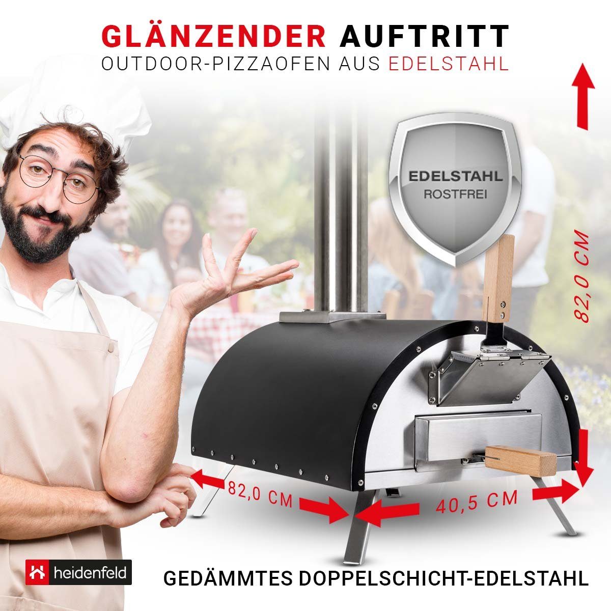Heidenfeld Pizzaofen Edelstahl Pizza Ofen Neapel inkl. Pizzastein - bis 500°C, Pellets oder Hybrid 2in1 Gasgril - Sichtfenster - Backofen - Holzofen