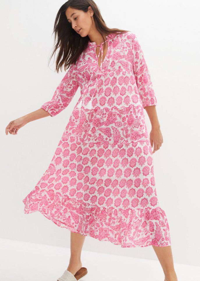 Crincle- Baumwollmidikleid mit Taschen und 3/4- Arm