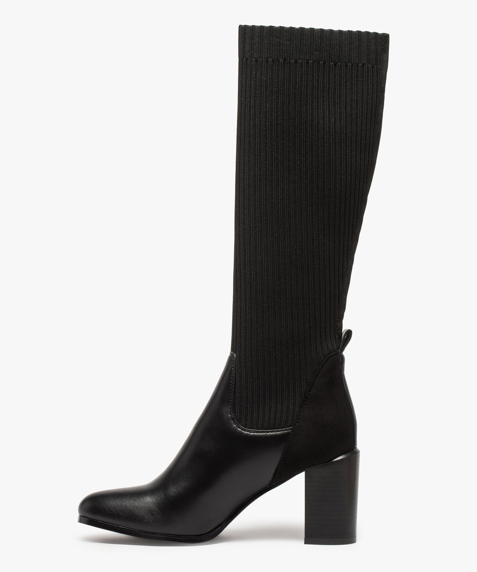 Bottes femme à talon tige chaussette en maille ctelée noir | GEMO