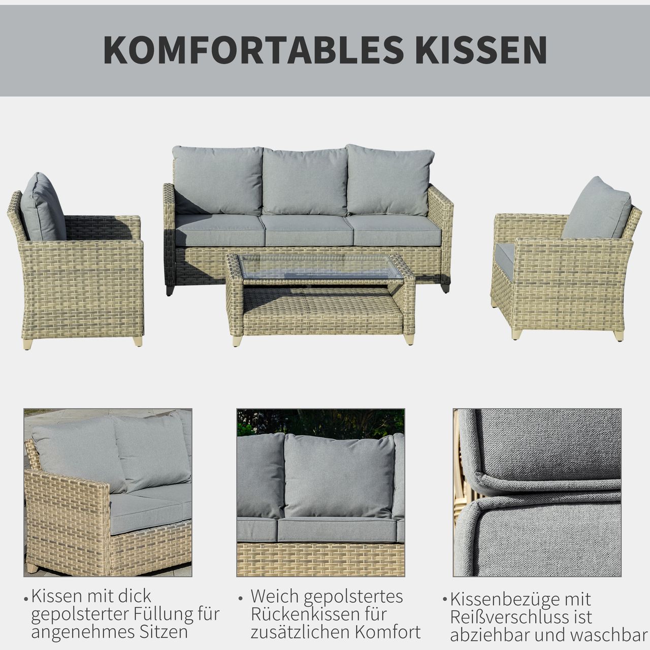Outsunny 4-tlg. Polyrattan Gartenmöbel Set Sitzgruppe mit Couchtisch Alu Braun
