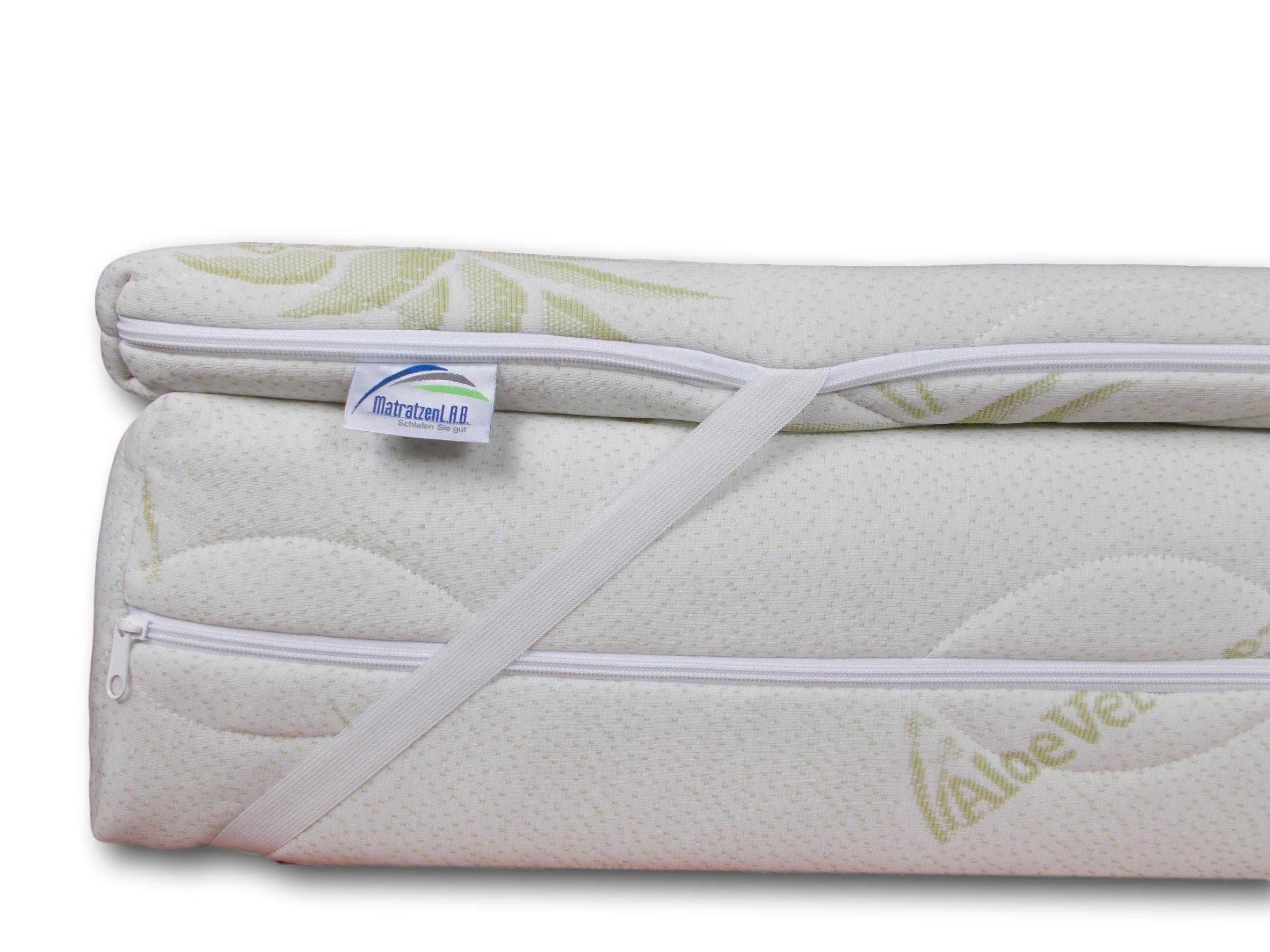 Topper Matratzenauflage aus Viscoschaum, MatratzenL.A.B®, 10 cm hoch, Viscoschaum, Härtegrad H2 mittel, Aloe Vera Bezug, 4 Eckgummies
