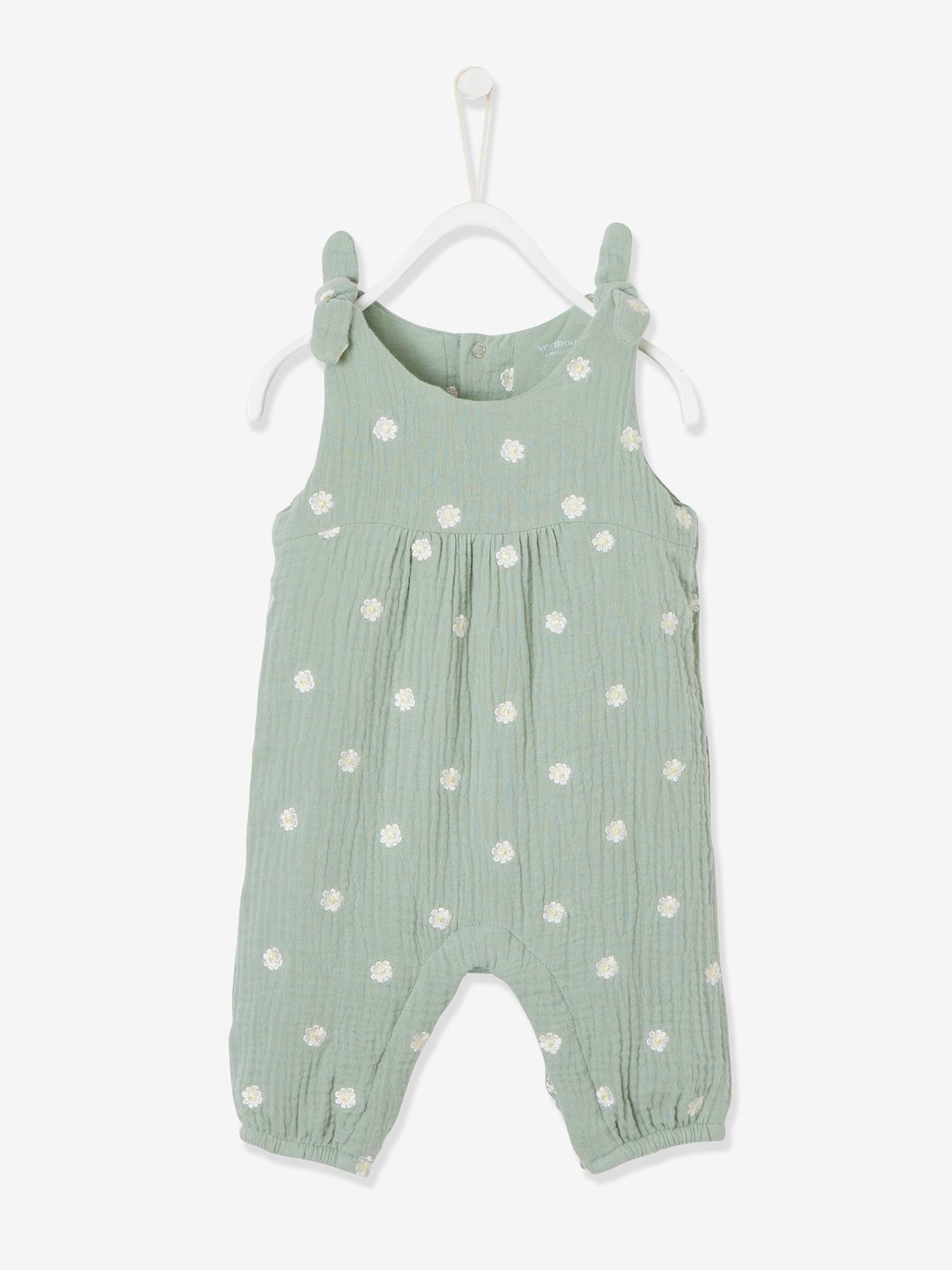 Combinaison bébé naissance brodée en gaze de coton tilleul