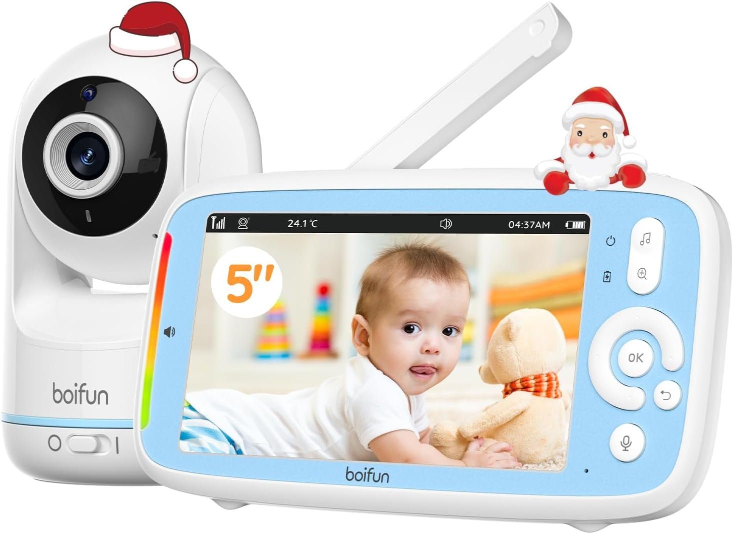 Boifun Babyphone Babyphone mit Kamera, 5'' babyfon, 720P IPS Bildschirm, PT 330°/135°, 3×Zoom, VOX Funktion, 3050mAh Akku, Zwei-Wege-Audio, Temperaturüberwachung, Wiegenlieder, 5 Zoll IPS Bildschirm,automatische Nachtsicht,Lange Akkulaufzeit