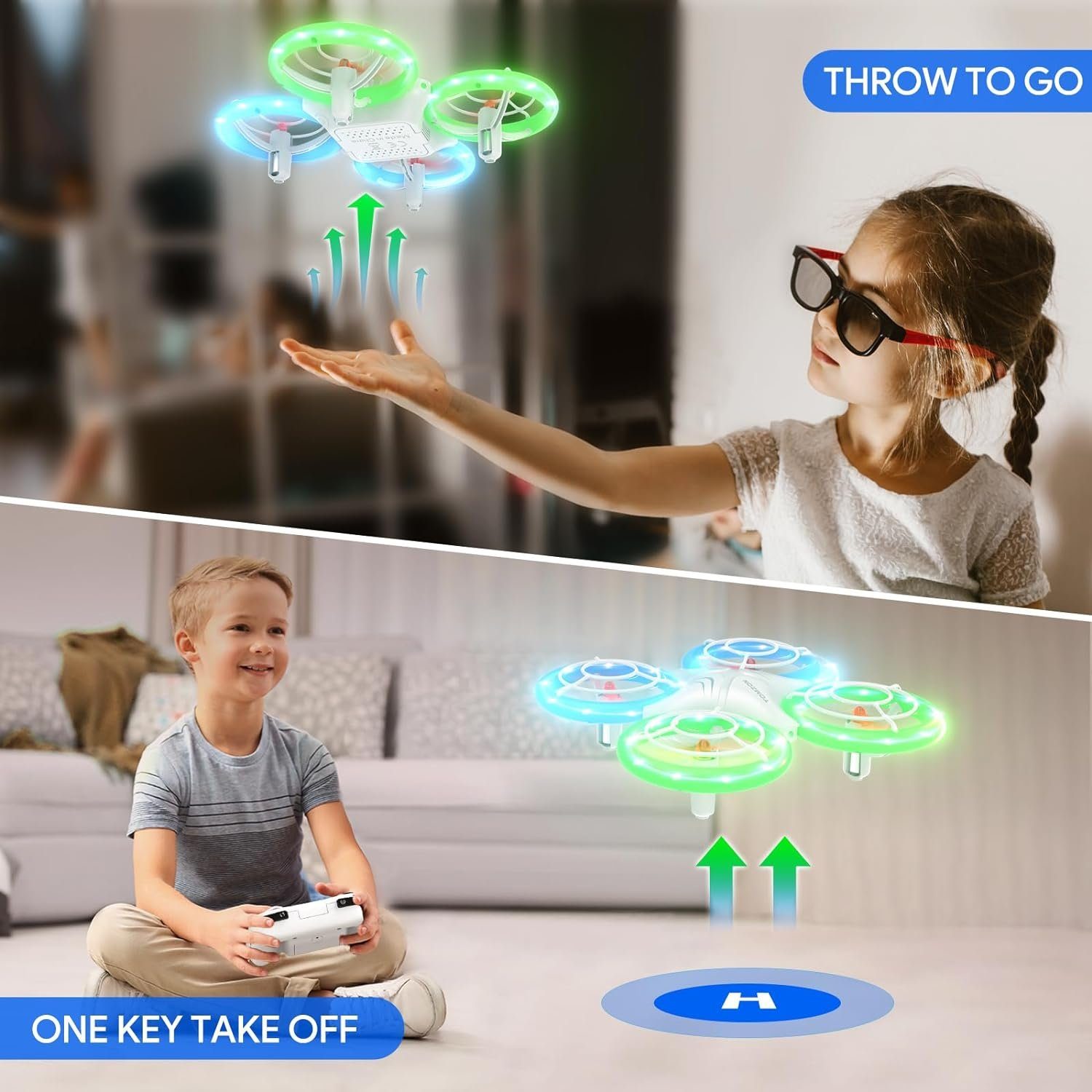 Tomzon Mini Drohne für Kinder, Blauen und Grünen LED Lichter Drohne (Fliege mit Leichtigkeit: 2 Akkus, 3D-Flip, Kopflos-Modus, für Anfänger)