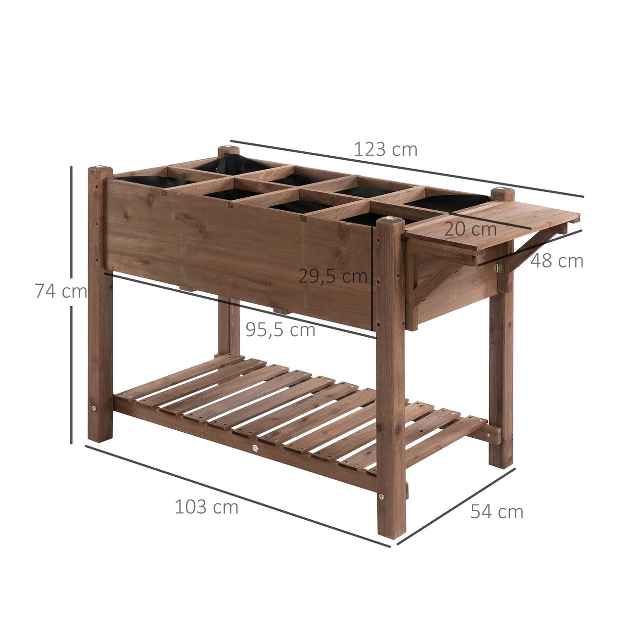 Outsunny Hochbeet Pflanzkasten mit 8 geteilten Gittern faltbare Ablage Blumenkasten Blumentopf Kräuterbeet Massivholz Braun 123 x 54 x 74 cm
