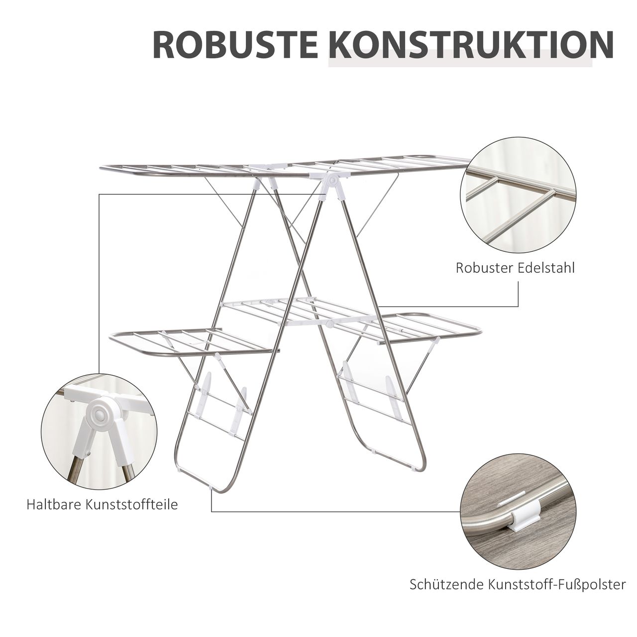 HOMCOM Wäscheständer faltbar 3-stufiger Flügelwäschetrockner Trockengestell Trockenständer Edelstahl Kunststoff Silber Weiß 138 x 60,5 x 112 cm