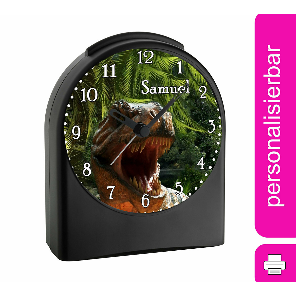 Kinder Funkwecker personalisiert mit Namen T-Rex Atom-/Funkuhr, 12-Stunden-Anzeigeformat, Schlummerfunktion, Nachtlicht, Geräuschlos/Ohne Ticken