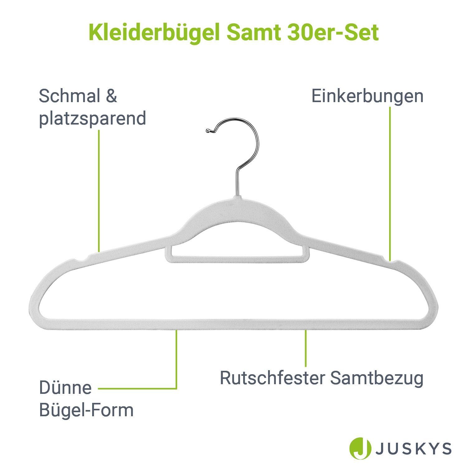 Juskys Kleiderbügel, (30-tlg), Set, schmale Samt Bügel, rutschfest, Kleiderhaken drehbar