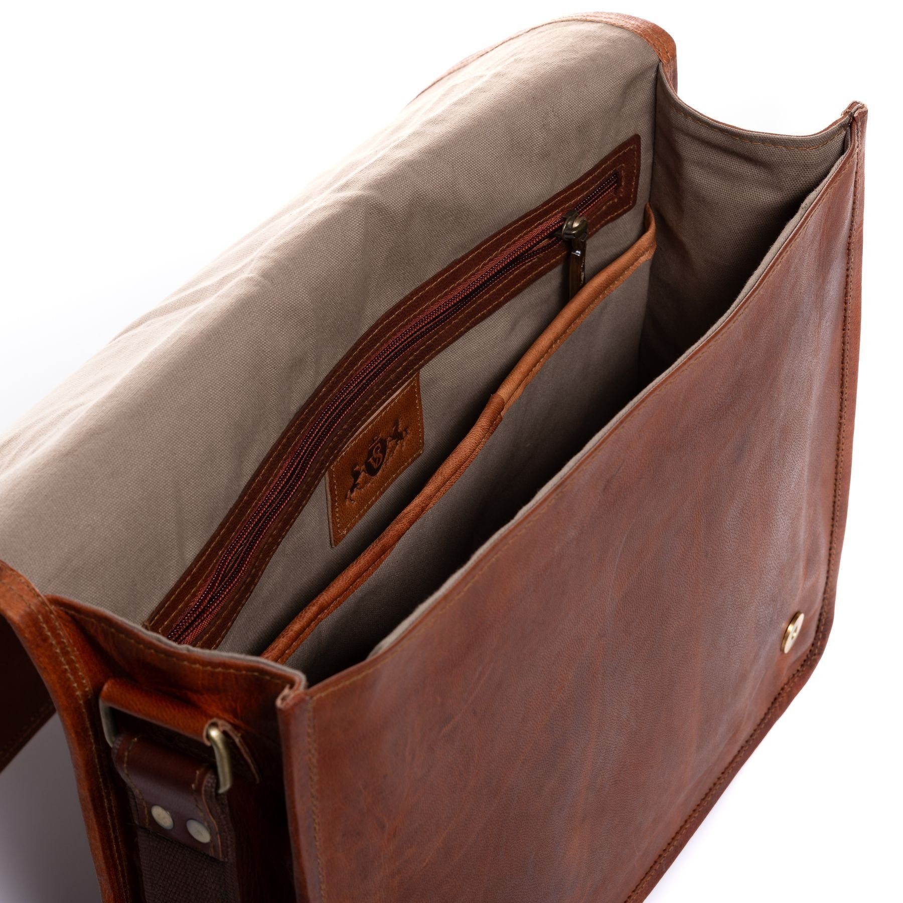 SID & VAIN Laptoptasche CAMDEN, Messenger Bag 15 Zoll echt Leder Unisex, Aktentasche, hellbraun