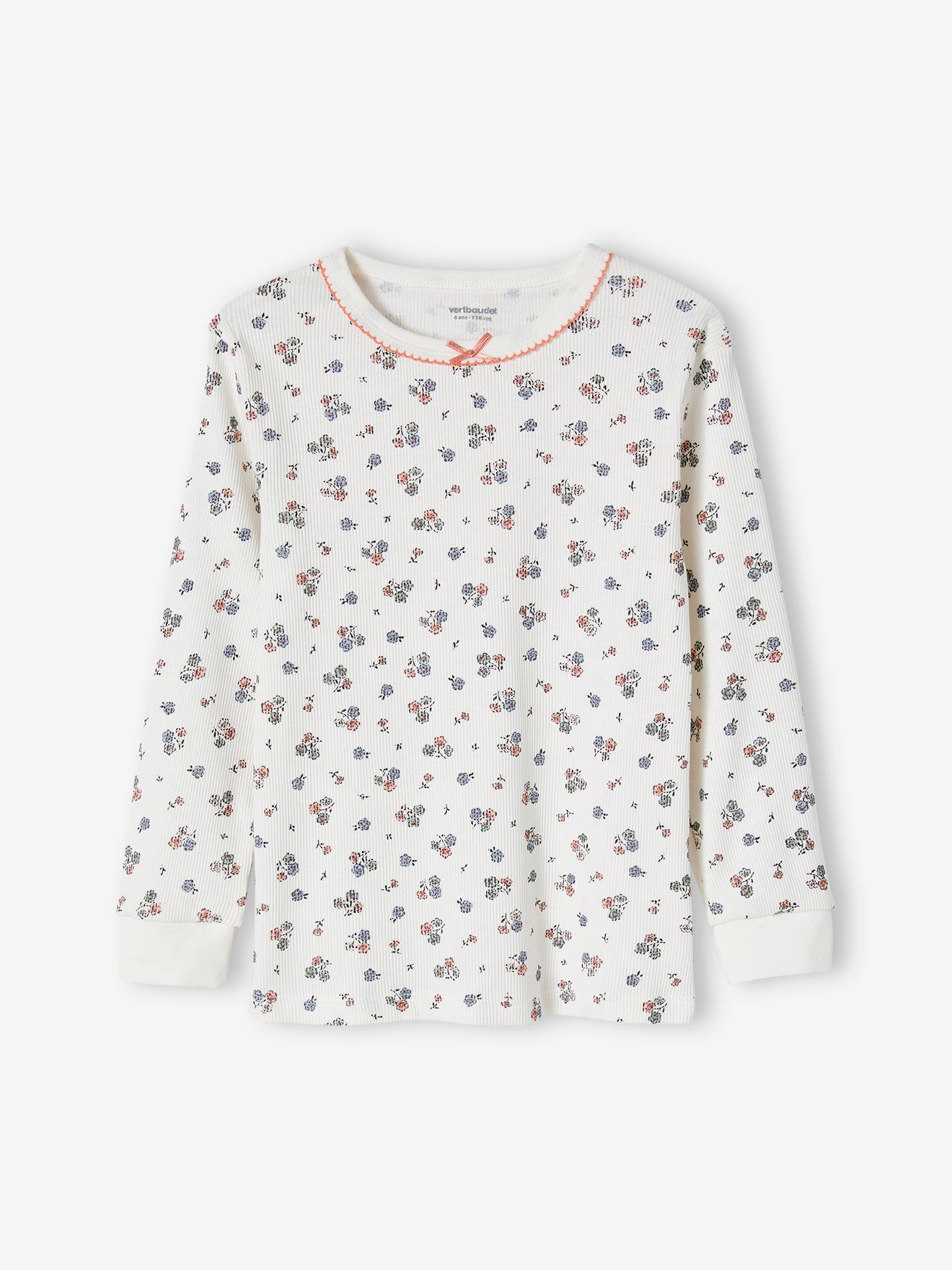 Pyjama fille personnalisable en maille côtelée avec imprimé fleuri écru