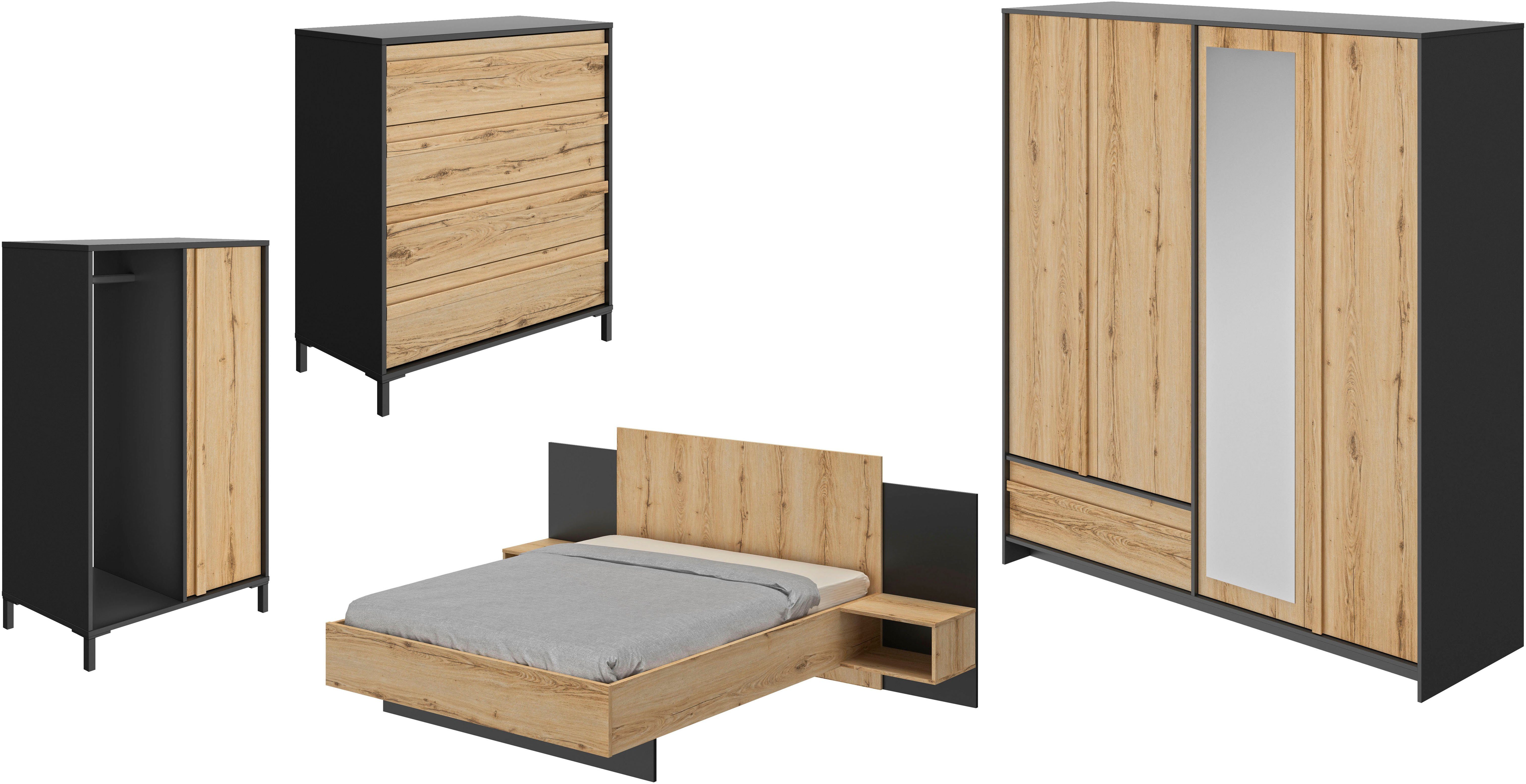 Gami Schlafzimmer-Set Mimizan, (4-St., Bett, 2x Nachttische, Kleiderschrank, Kommode, Garderobenschrank)